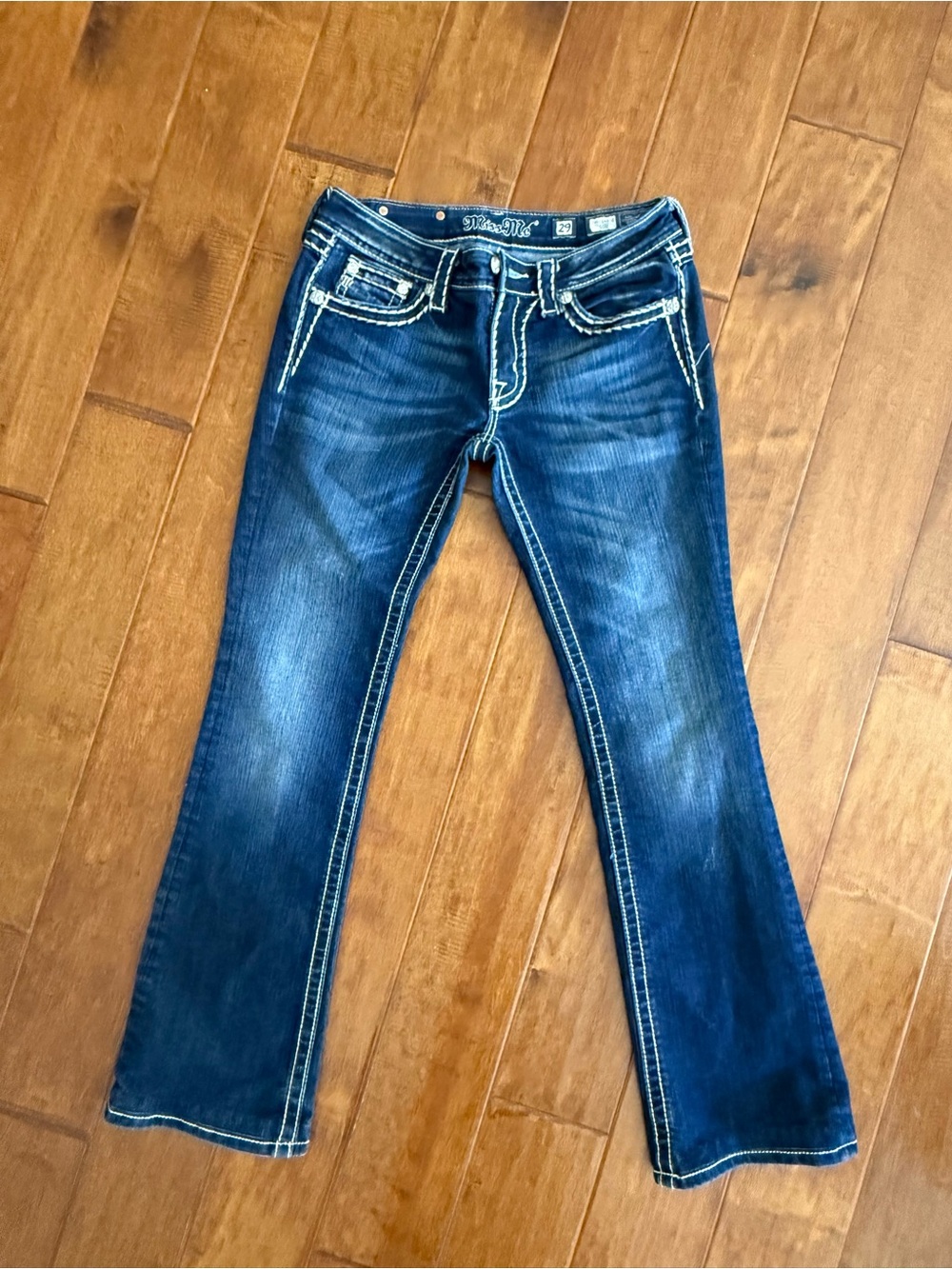 Miss Me Dark Blue Flare Jeans with Contrast Stitching with rhinestone back